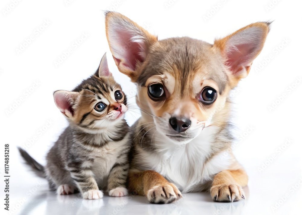 Obraz premium A miniature chihuahua puppy and kitten cuddle, isolated against a pristine white backdrop.