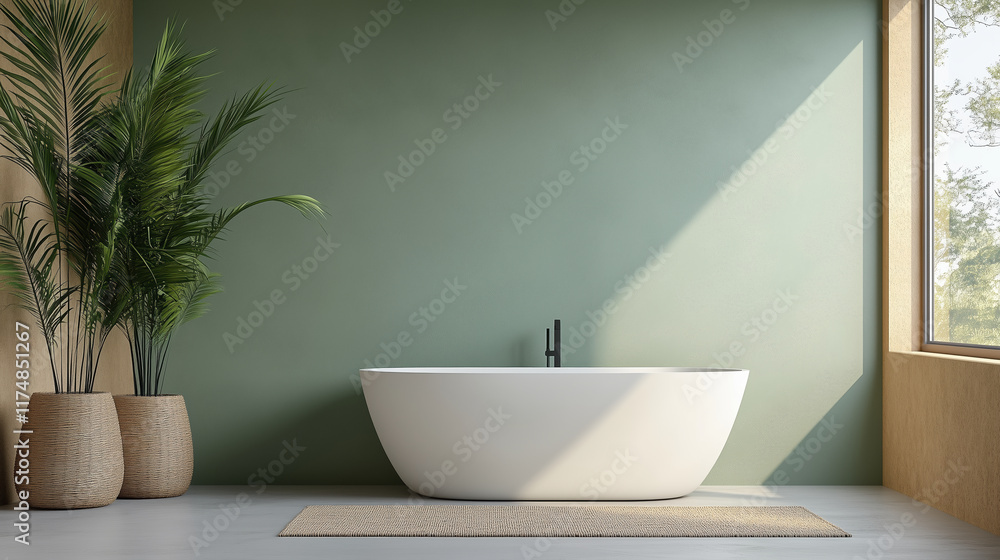 modern bathroom featuring freestanding bathtub and greenery, creating tranquil space modern bathroom featuring freestanding bathtub and greenery, creating tranquil space