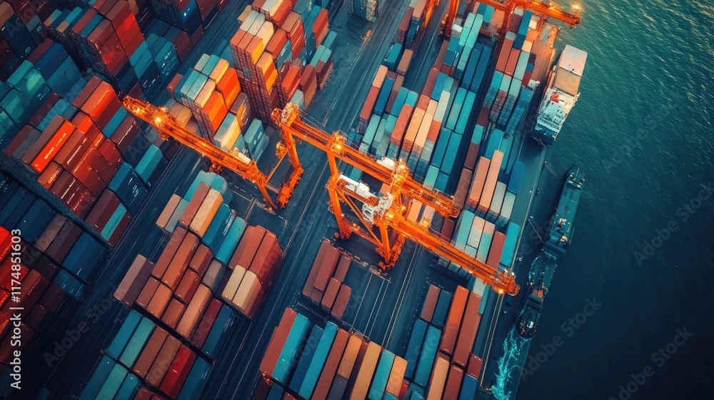 Obraz premium Aerial View Of A Busy Container Port At Night