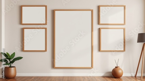 Empty wooden picture frames on a wall in a room with a plant and lamp