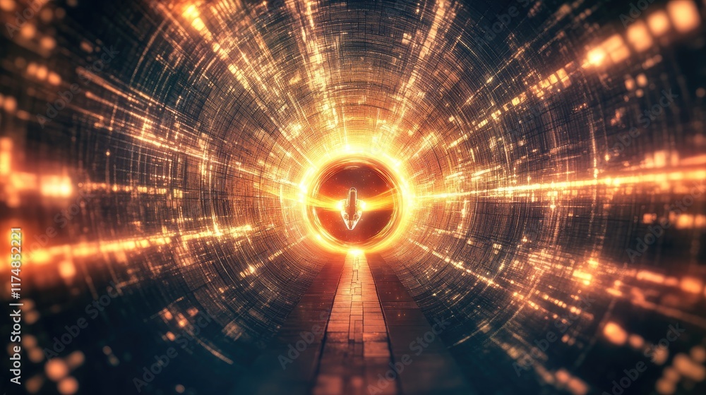 Obraz premium Glowing Spaceship Enters Digital Tunnel Of Light