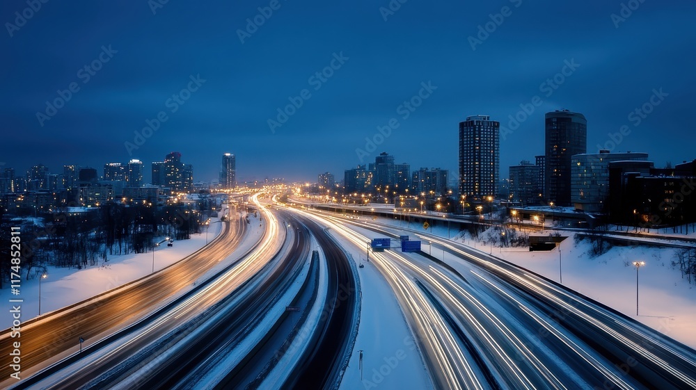 Obraz premium A Long Exposure Capturing the Ethereal Beauty of Nighttime City Lights and Star Trails