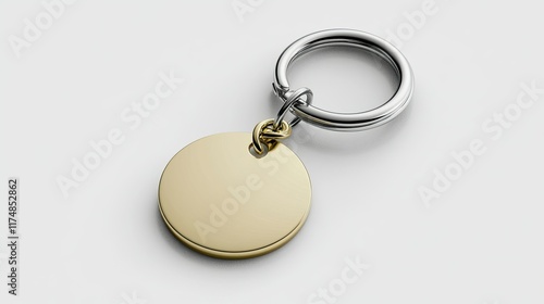 Ring and Chain for Keys Isolated on White. Plastic ID Badge, Metal Keychain with Chain, Design Template, Mockup.