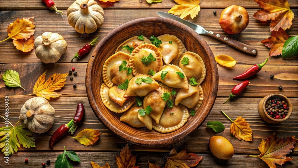 Fototapeta premium Aerial View: Mushroom Pierogi, Ceramic Bowl, Wooden Table - Drone Photography Vegetarian Food