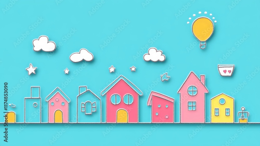 Charming Paper-Cut Village Scene with Pastel Houses and Sunny Sky Charming Paper-Cut Village Scene with Pastel Houses and Sunny Sky