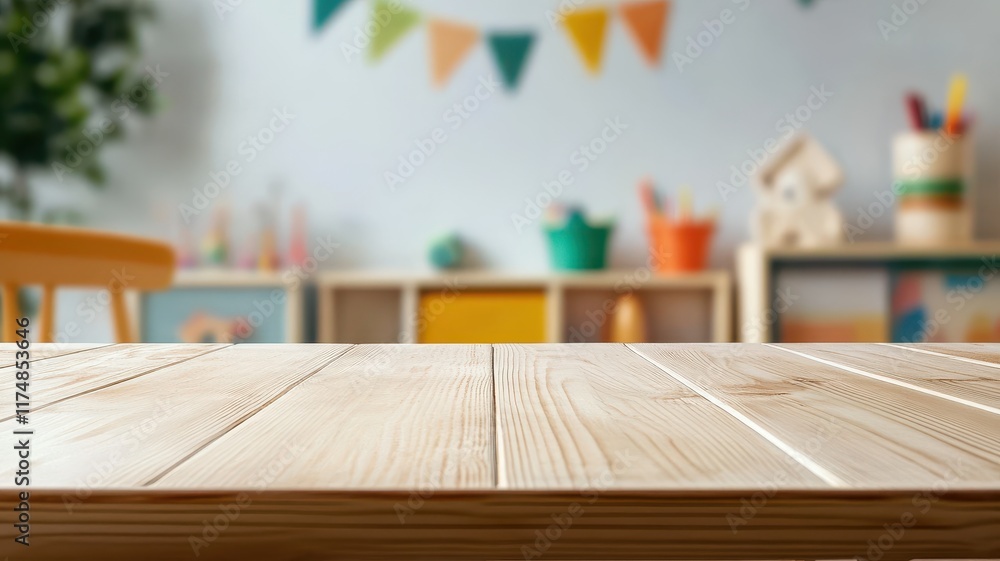 Empty wooden table in front of a blurred background of children playing, capturing a moment of quiet amidst joy. Empty wooden table in front of a blurred background of children playing, capturing a moment of quiet amidst joy.