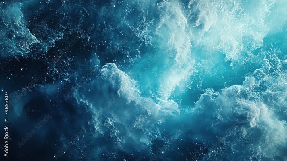 A mesmerizing abstract image of swirling deep blue and turquoise clouds in a cosmic setting. A mesmerizing abstract image of swirling deep blue and turquoise clouds in a cosmic setting.
