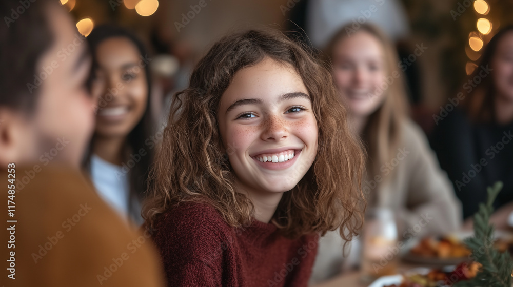 Smiling girl enjoys cheerful gathering with friends at a cozy dining table filled with food during a festive evening. Generative AI Smiling girl enjoys cheerful gathering with friends at a cozy dining table filled with food during a festive evening. Generative AI