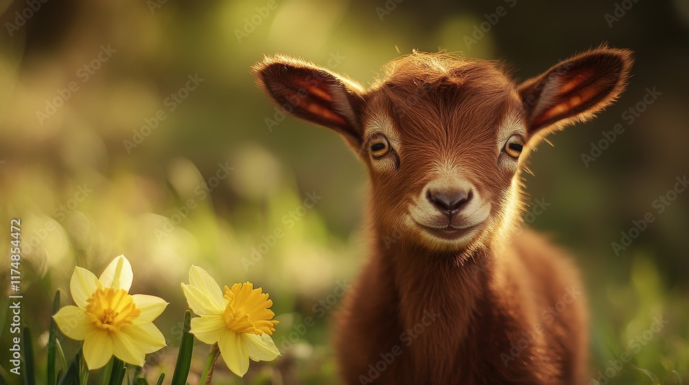 Fototapeta premium A charming brown goat kid with big eyes smiles beside vibrant yellow daffodils.