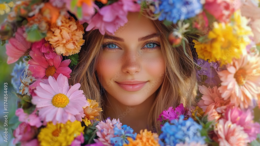 woman with vibrant blue eyes surrounded by colorful floral wreath, radiating joy and beauty woman with vibrant blue eyes surrounded by colorful floral wreath, radiating joy and beauty