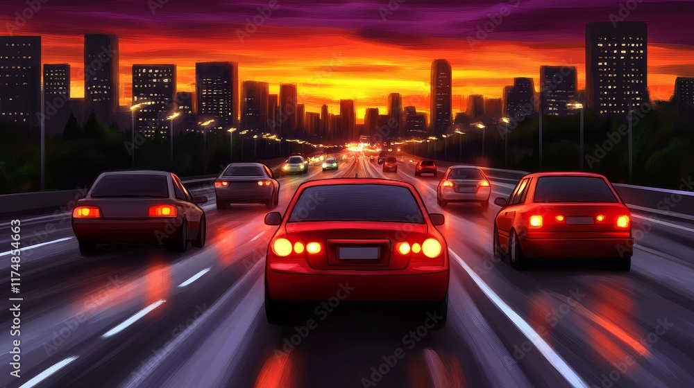Fototapeta premium Cityscape Sunset Highway Traffic Jam with Red Car Leading