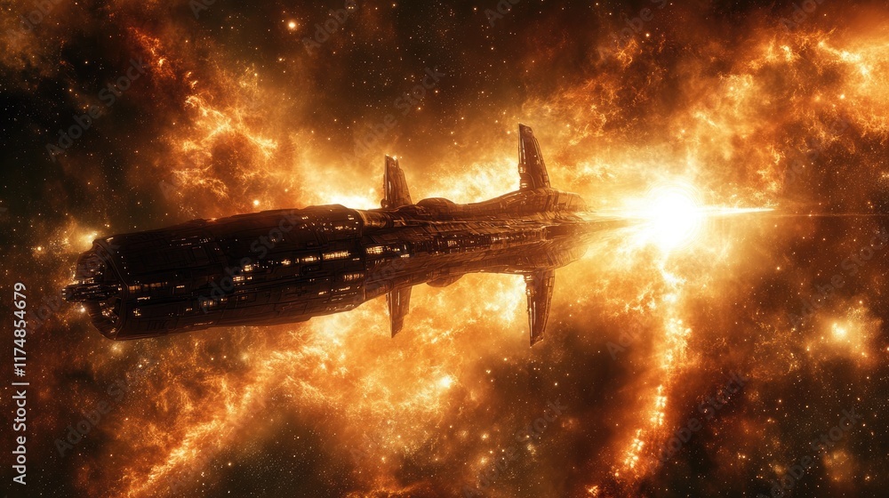 Obraz premium Golden Spaceship Traveling Through Fiery Nebula