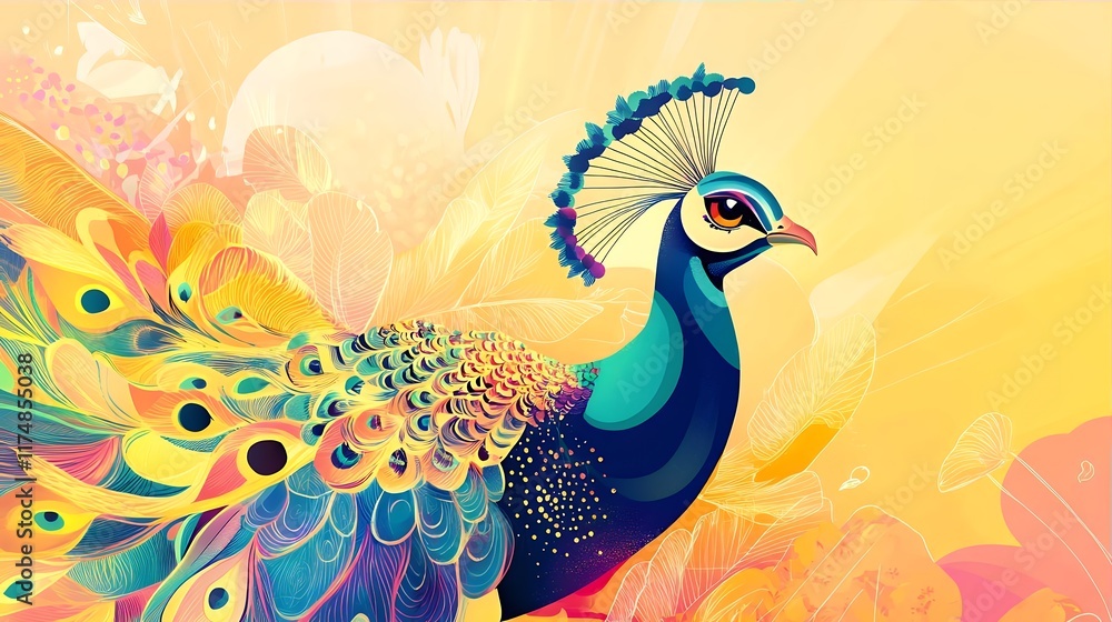 Fototapeta premium Vibrant Peacock Illustration Colorful Feathers and Floral Background