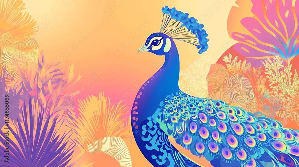Fototapeta premium Vibrant Peacock Art Print Tropical Sunset Bird