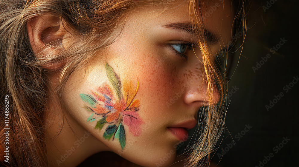 Naklejka premium Artistic close up of woman with floral tattoo on her cheek, showcasing vibrant colors and intricate details