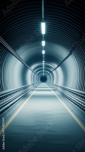 A futuristic tunnel with ribbed walls and glowing overhead lights, creating a sleek, sci-fi ambiance. The perspective draws the eye towards the vanishing point. photo