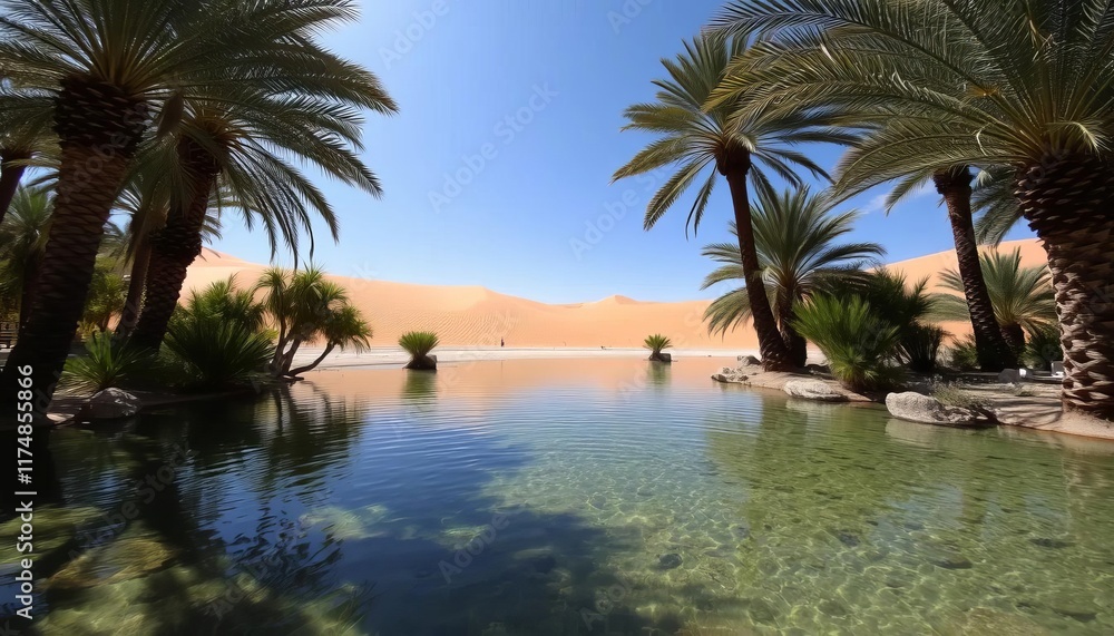Fototapeta premium Serene Oasis Palm Trees Frame Desert Pond