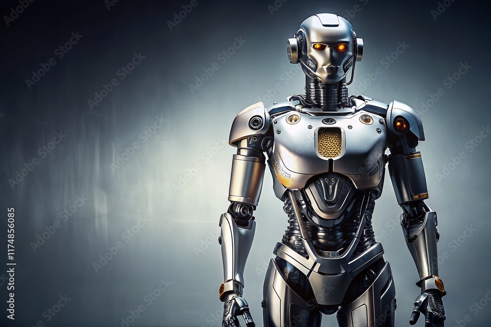 Fototapeta premium Futuristic Robot Posing, Left Side Composition, Ample Copy Space for Tech Advertisement