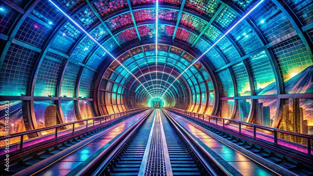 Fototapeta premium Futuristic Saudi Arabian Tech Tunnel: High-Tech Lines & Digital Map Exploration