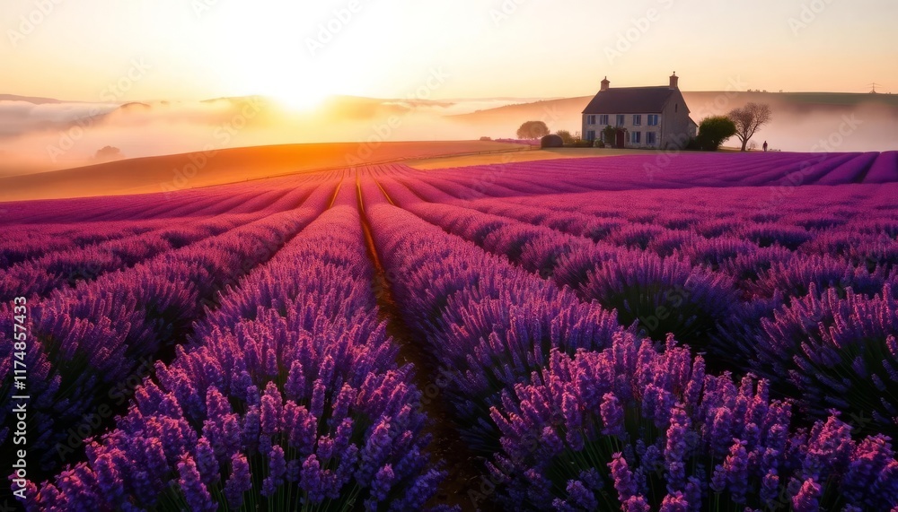 Obraz premium Sunrise over Lavender Fields and a Country House