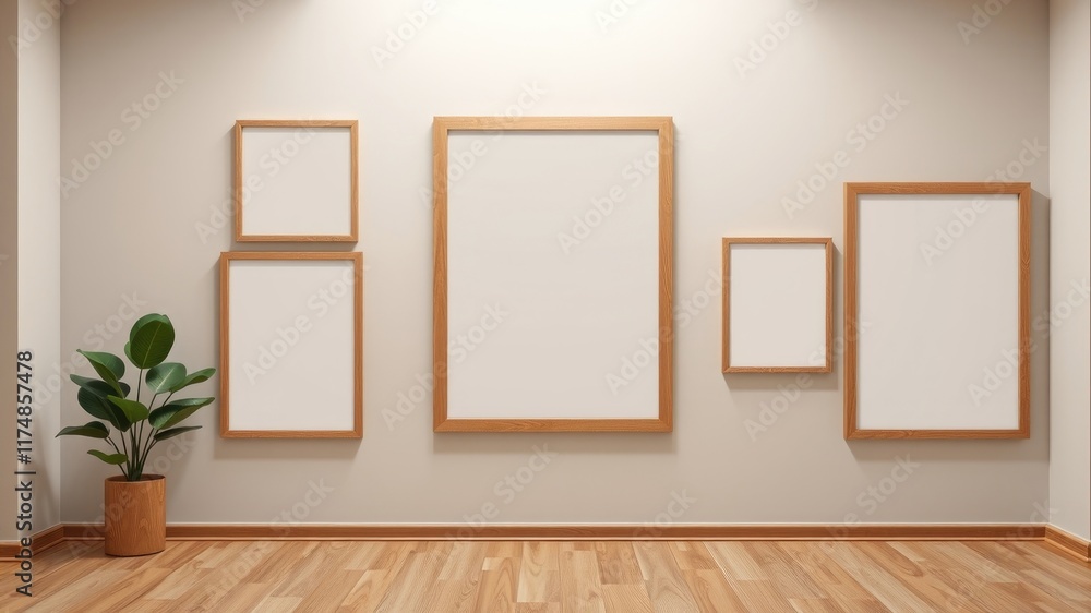 Gallery Wall Mockup Four Empty Frames and a Plant in a Minimalist Room Gallery Wall Mockup Four Empty Frames and a Plant in a Minimalist Room