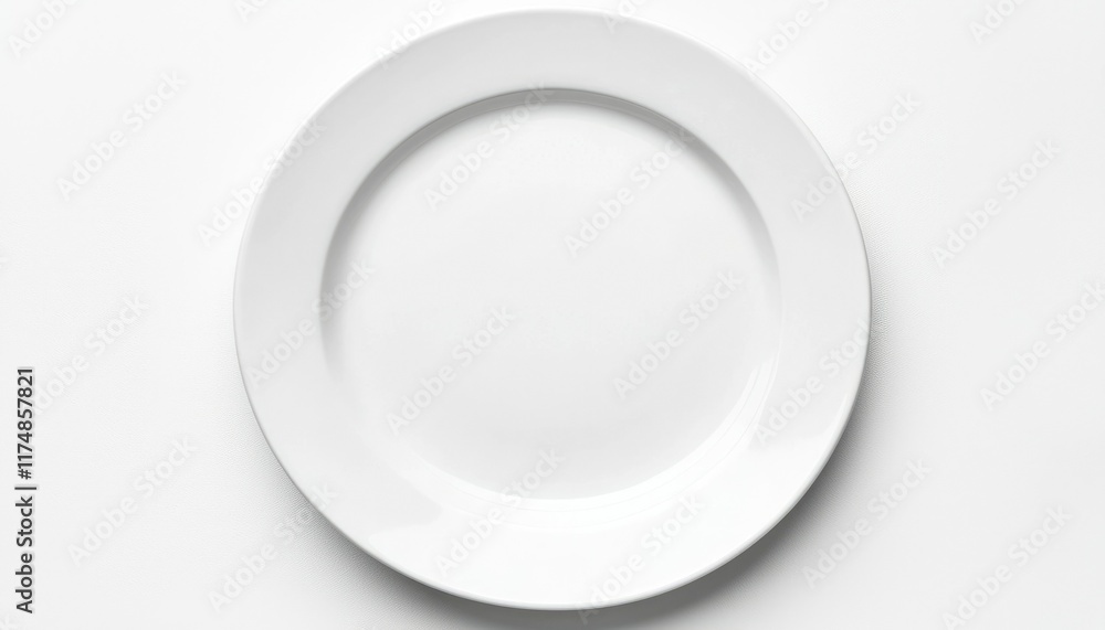 A Single White Ceramic Dinner Plate on White Background A Single White Ceramic Dinner Plate on White Background