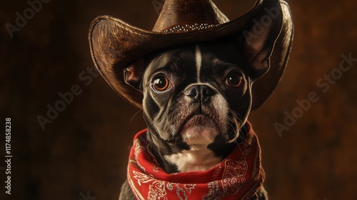 A stylish black and white French Bulldog in a cowboy hat and bandana, exuding a charming western vibe.