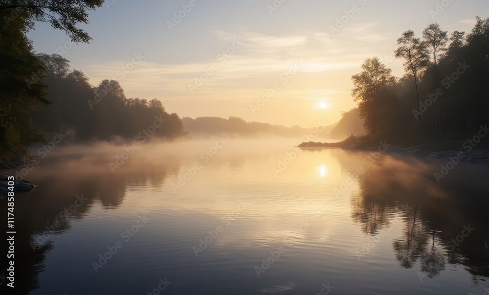 Serene sunrise over a misty river Serene sunrise over a misty river