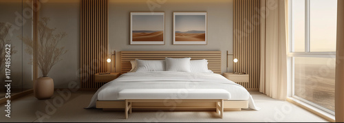 modern bedroom with wood slats on the wall, light gray walls, soft warm lighting, a white wooden bench at the head of the bed, pastel desert landscape posters above and below the bed