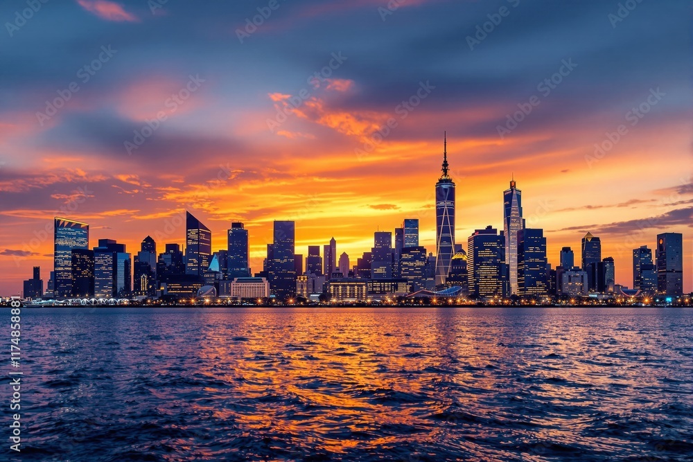 Fototapeta premium City skyline illuminated during sunset, vibrant colors reflecting on water, urban silhouette against dramatic sky. Ai generative