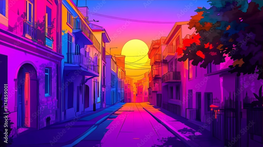 Fototapeta premium Vibrant Sunset Street Scene Colorful Buildings and Evening Glow