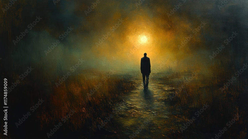 A solitary figure walks down a misty path towards a glowing light. A solitary figure walks down a misty path towards a glowing light.