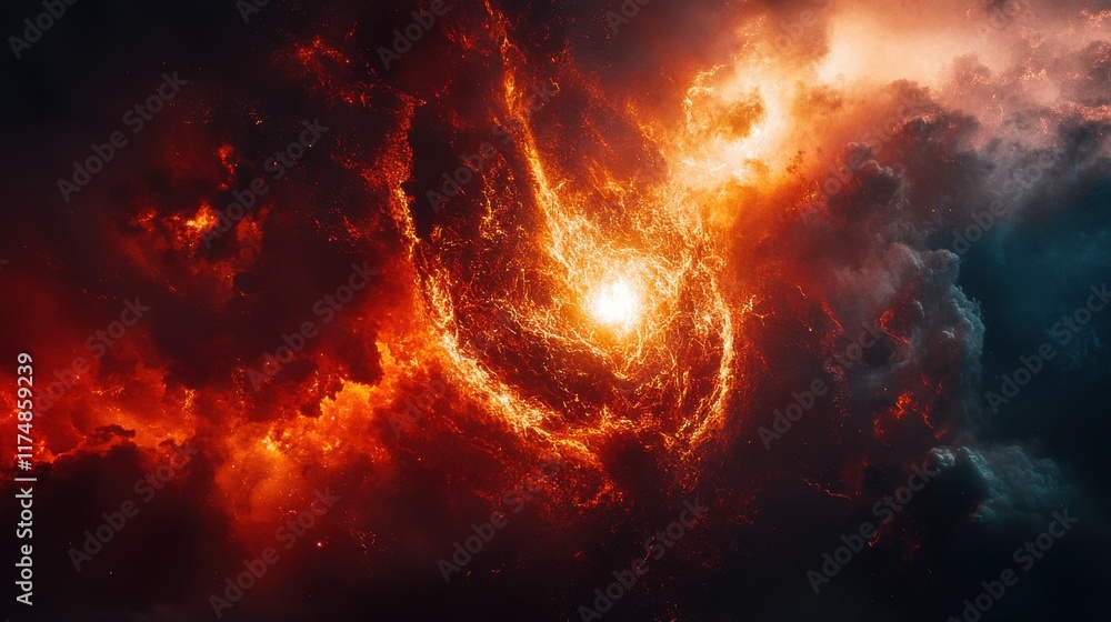 A stunning cosmic explosion with vibrant orange and fiery red hues illuminating dark swirling clouds. A stunning cosmic explosion with vibrant orange and fiery red hues illuminating dark swirling clouds.