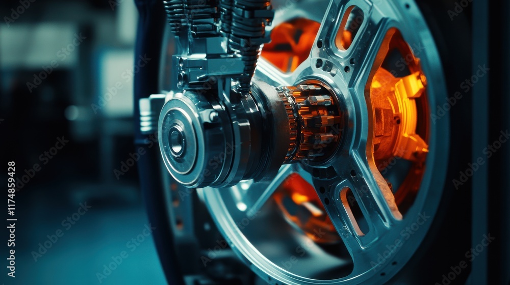 Fototapeta premium Close-up of a futuristic wheel with intricate design and vibrant orange highlights, set against a industrial backdrop.