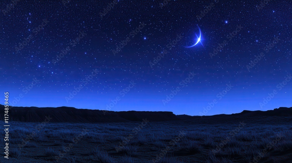 A tranquil night scene with a crescent moon and starry sky over a grassy field and distant hills. Ideal for peaceful backgrounds or nature-themed projects. A tranquil night scene with a crescent moon and starry sky over a grassy field and distant hills. Ideal for peaceful backgrounds or nature-themed projects.