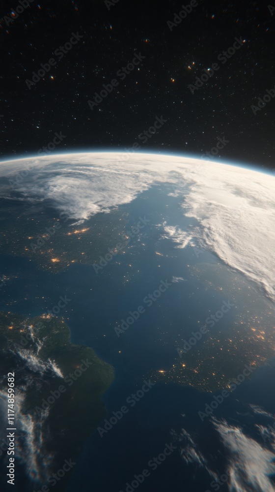 Fototapeta premium A stunning view of Planet Earth at night from space, showcasing the illuminated North America under a starry sky. The horizon is gently curved with visible city lights.
