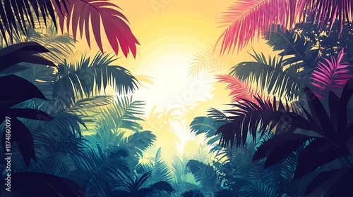 Vibrant Tropical Sunset Lush Palm Leaves and Golden Light