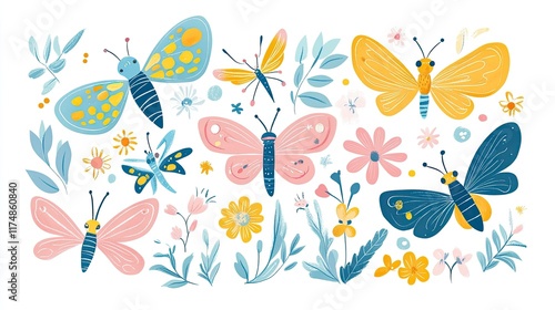 Big set of cute insects. Colorful vector illustrations in flat style. Butterflies, dragonflies, bees and small flowers isolated on white background. Smiling characters for childish design.