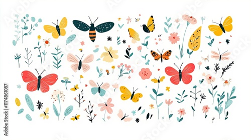 Big set of cute insects. Colorful vector illustrations in flat style. Butterflies, dragonflies, bees and small flowers isolated on white background. Smiling characters for childish design.