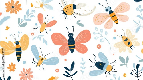 Wallpaper Mural Big set of cute insects. Colorful vector illustrations in flat style. Butterflies, dragonflies, bees and small flowers isolated on white background. Smiling characters for childish design. Torontodigital.ca