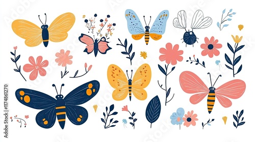 Big set of cute insects. Colorful vector illustrations in flat style. Butterflies, dragonflies, bees and small flowers isolated on white background. Smiling characters for childish design.
