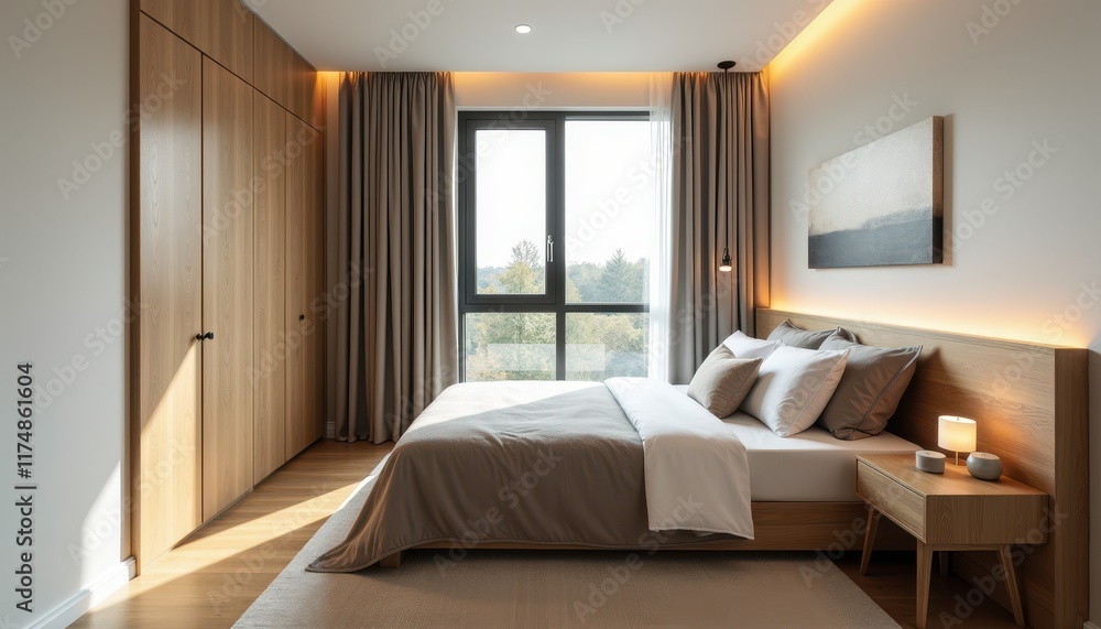 A neutral-toned studio room with wooden accents gives a cozy vibe. A neutral-toned studio room with wooden accents gives a cozy vibe.
