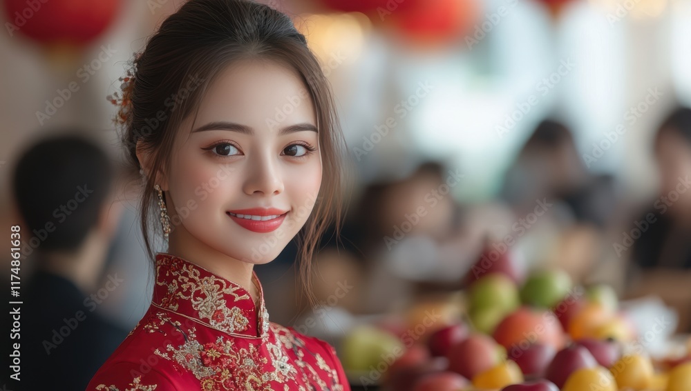 Young chinese woman sitting around the table, wearing red traditional chinese qipao and smiling happily at the camera in a Chinese New Year atmosphere, with lanterns hanging Young chinese woman sitting around the table, wearing red traditional chinese qipao and smiling happily at the camera in a Chinese New Year atmosphere, with lanterns hanging