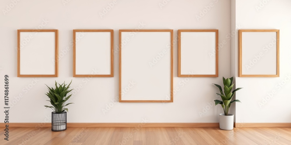 Fototapeta premium Modern minimalist interior design with blank frames and potted plants