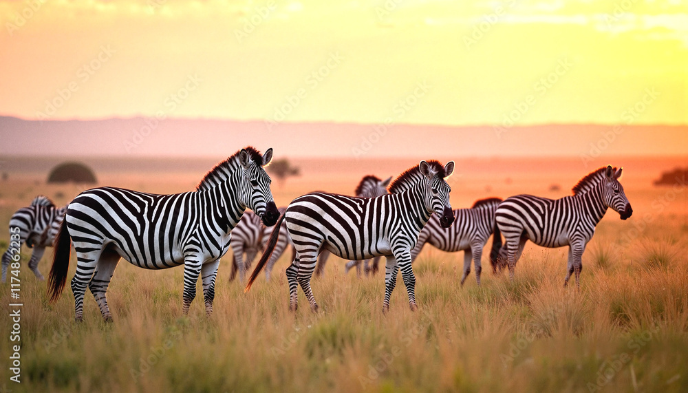 Fototapeta premium World Wildlife Day. Zebras grazing in golden grassland at sunset