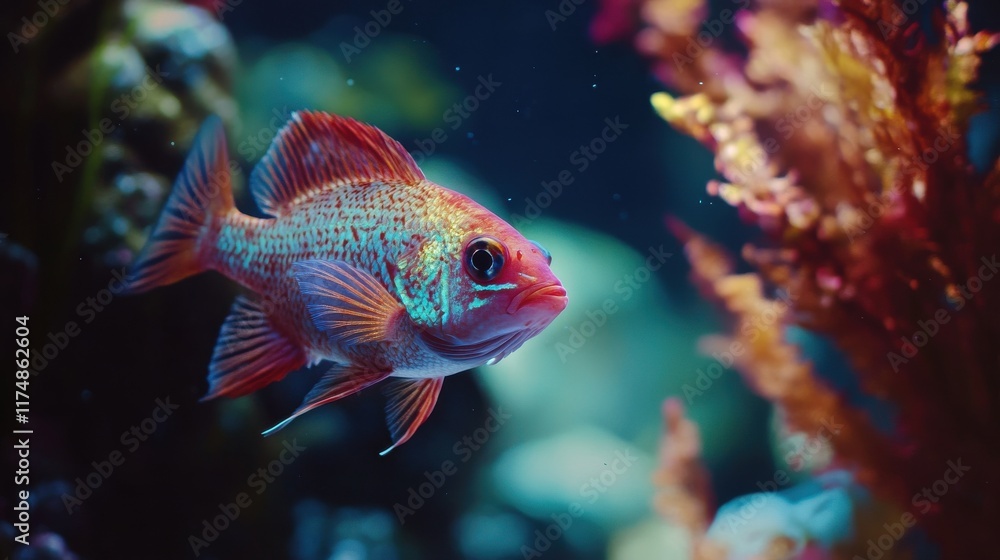 Fototapeta premium A vibrant red fish swimming gracefully among colorful underwater plants.