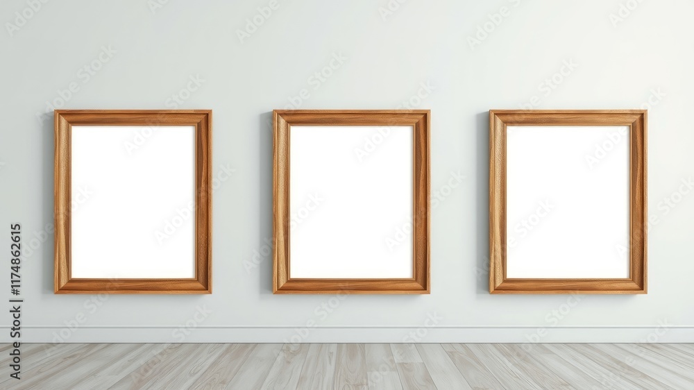Three empty wooden picture frames on a wall above light wood flooring Three empty wooden picture frames on a wall above light wood flooring