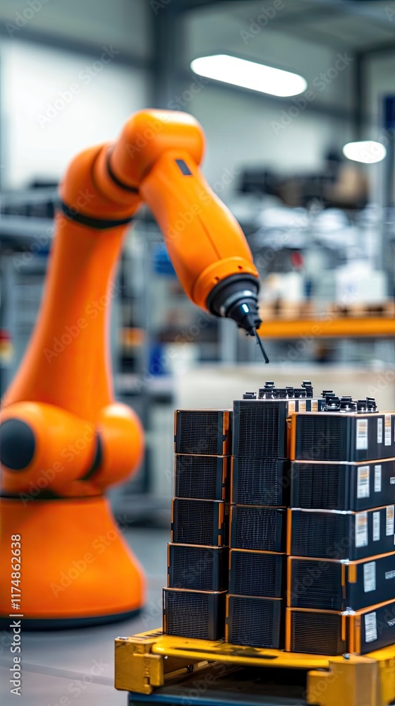 Fototapeta premium An industrial robot arm assembling or handling items in a warehouse setting.