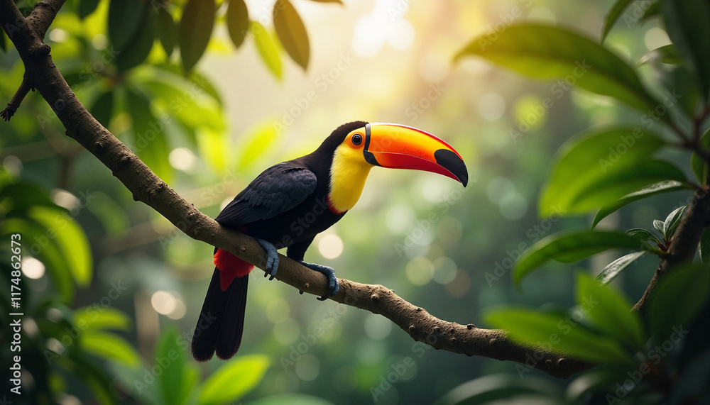 World Wildlife Day. Toucan perched on a branch in a lush green forest World Wildlife Day. Toucan perched on a branch in a lush green forest