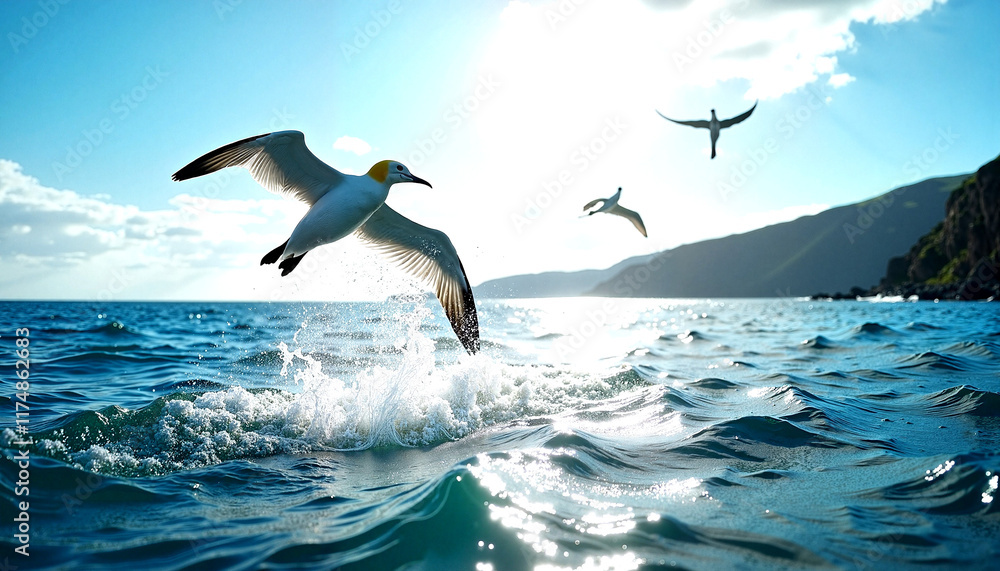 World Wildlife Day. Seagulls flying over sparkling ocean waters World Wildlife Day. Seagulls flying over sparkling ocean waters
